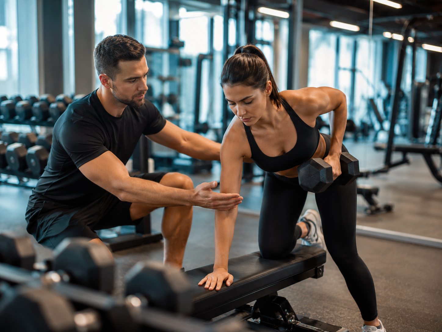 Entrenador guiando a una alumna en gimnasio