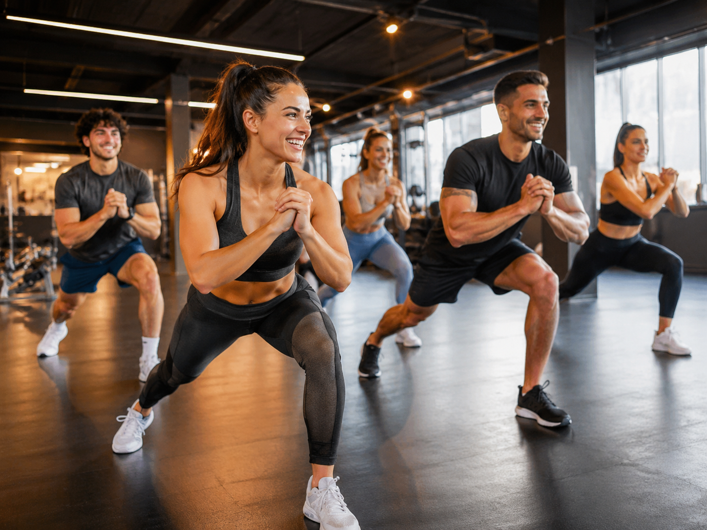 Clase grupal fitness con energía y comunidad