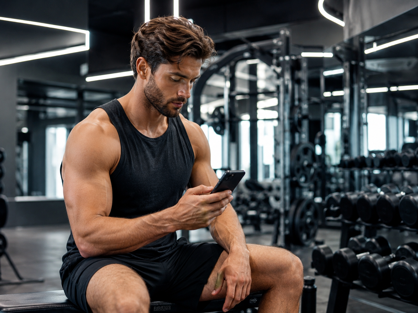 Alumno revisando progreso digital en gimnasio