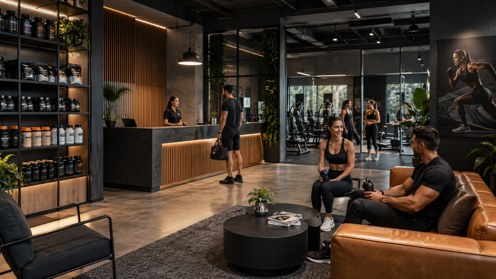 Recepción premium de gimnasio con productos asociados